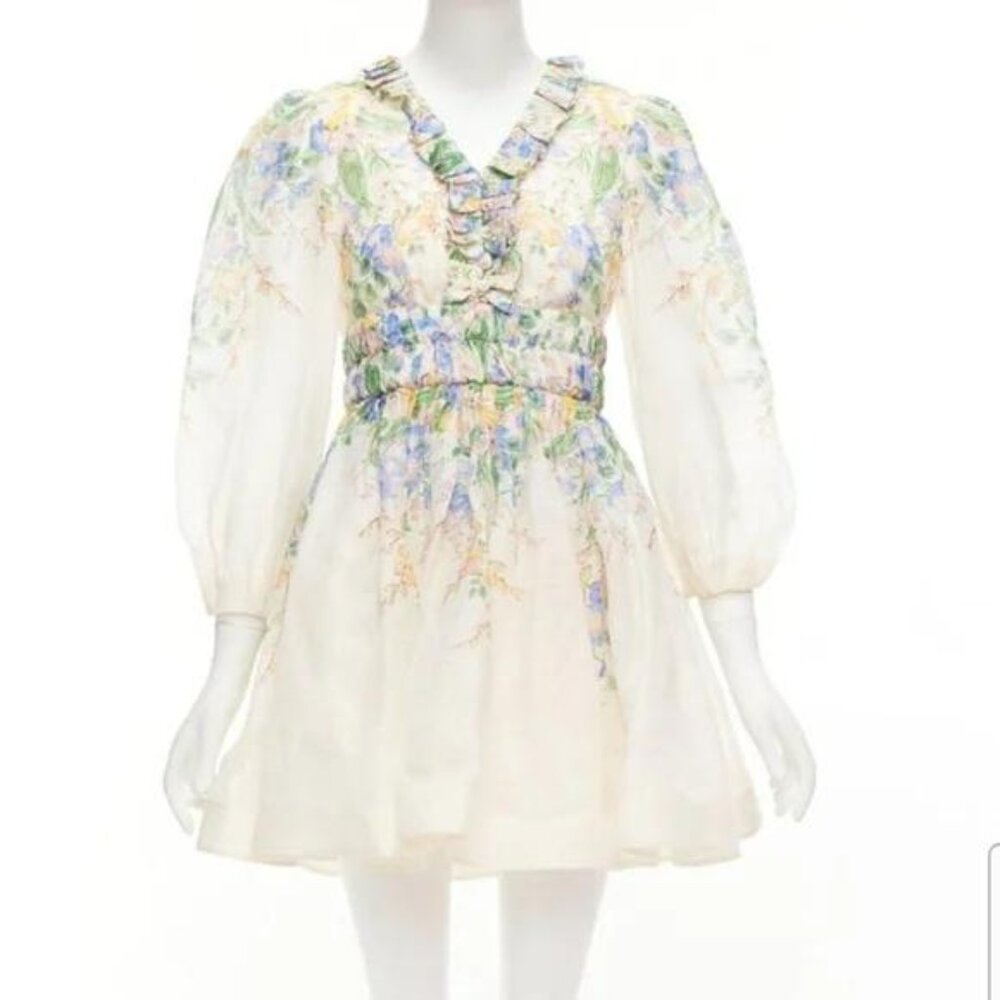 NWOT,Zimmermann White Smocked Mini Dress with Bishop Sleeves